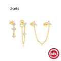 Geometric zircon tassel earrings in sterling silver three-piece set for women