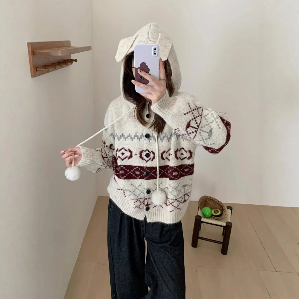 Women's loose grey geometric brocade acrylic sweater coat with long sleeves
