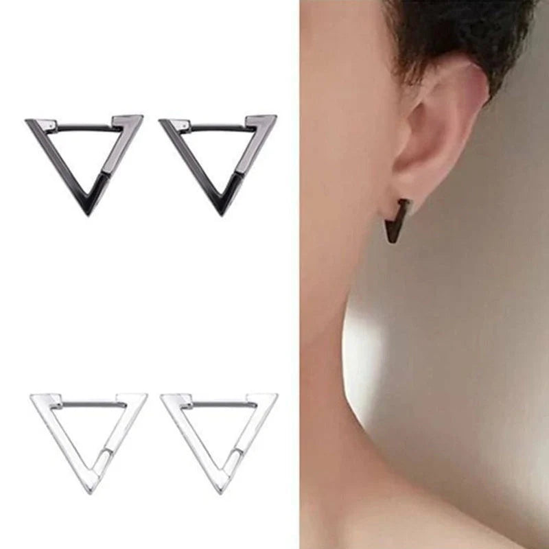 Stainless steel triangular hoop earrings in white, black, and gold