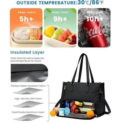 Brown women's insulated lunch bag 42x30x18cm with leak-proof lining and diagonal strap