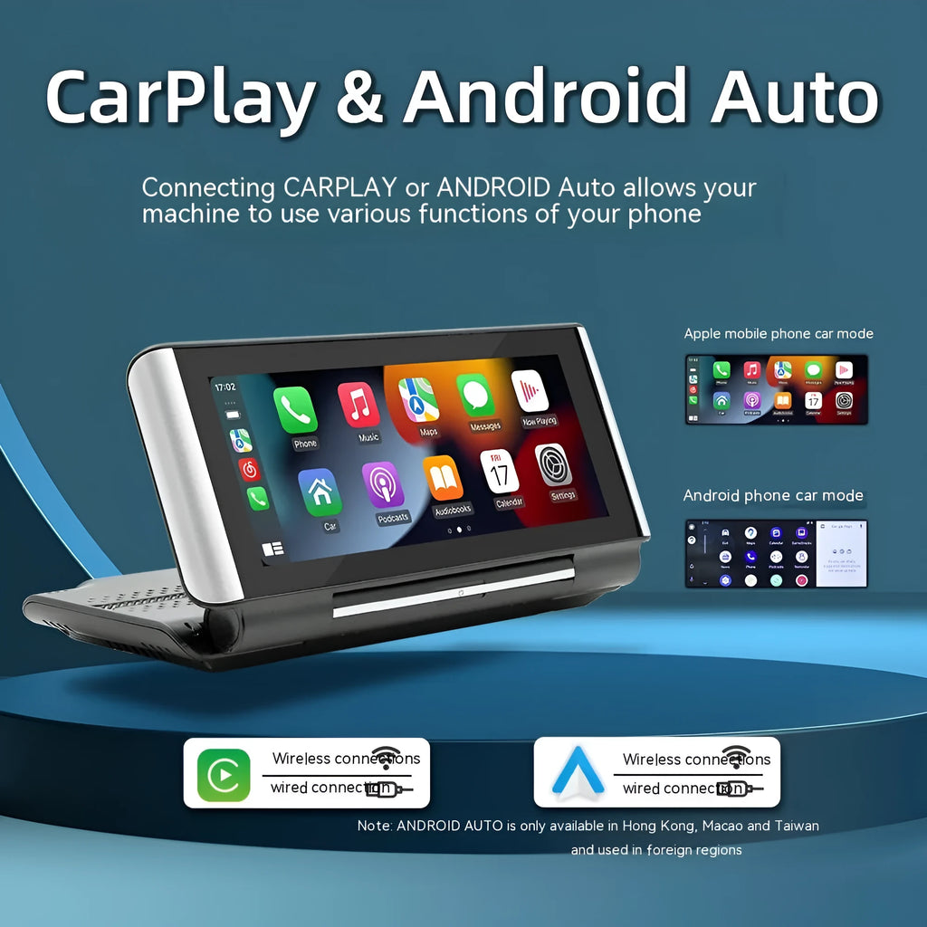 6.86-inch wireless CarPlay MP5 player for car dashboard with cables for power and camera.