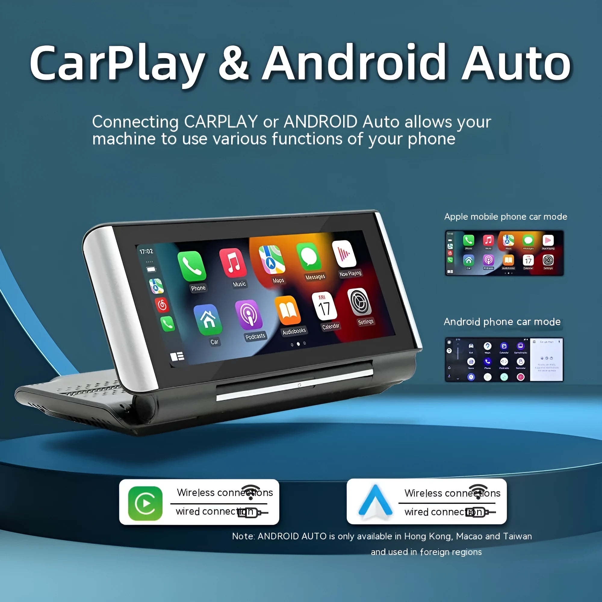 6.86-inch wireless CarPlay MP5 player for car dashboard with cables for power and camera.