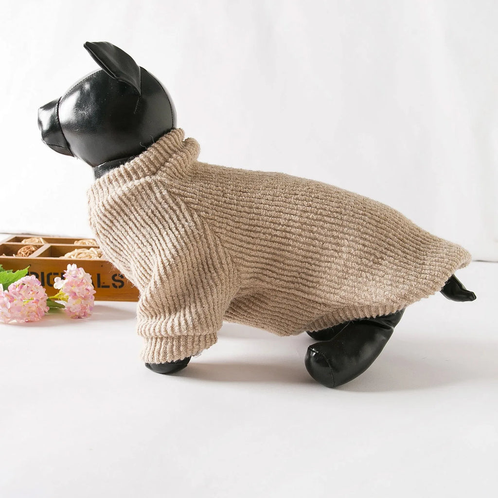 Brown knitted dog sweater jumper on a small dog, showing casual pullover design.