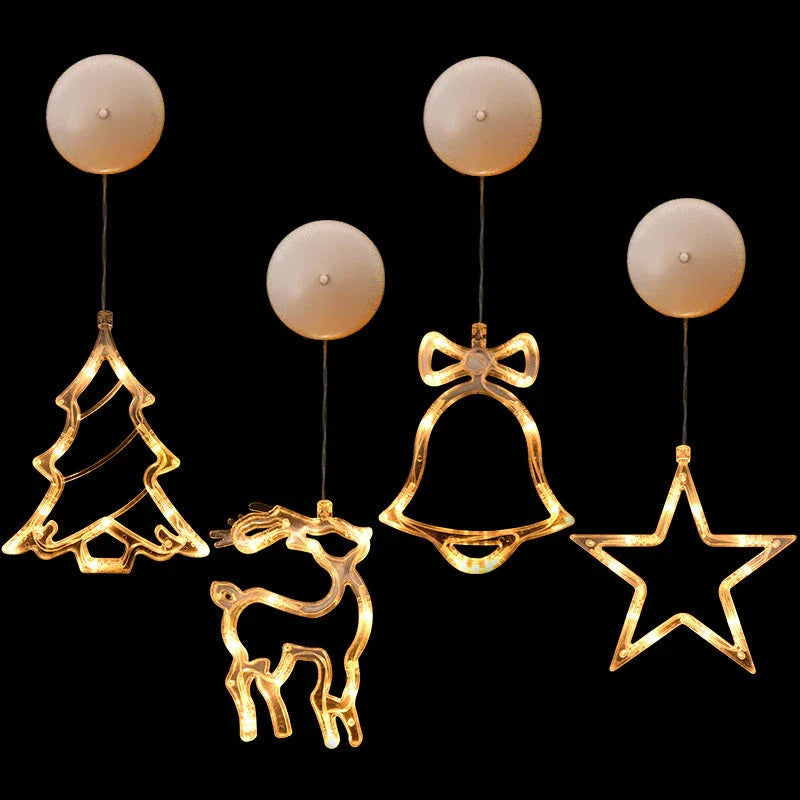 Festive LED Suction Cup Chandelier Lights with various holiday designs including snowmen, reindeer, and stars