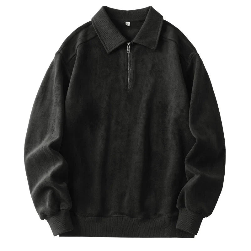 Men's lapel half-zip fleece sweatshirt in black, haze green, and apricot yellow