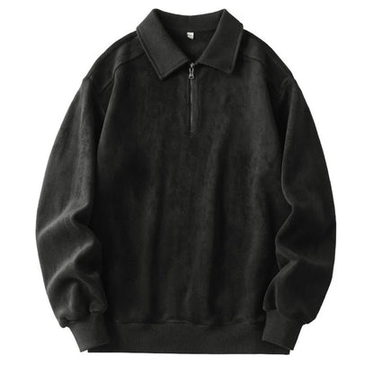 Men's lapel half-zip fleece sweatshirt in black, haze green, and apricot yellow
