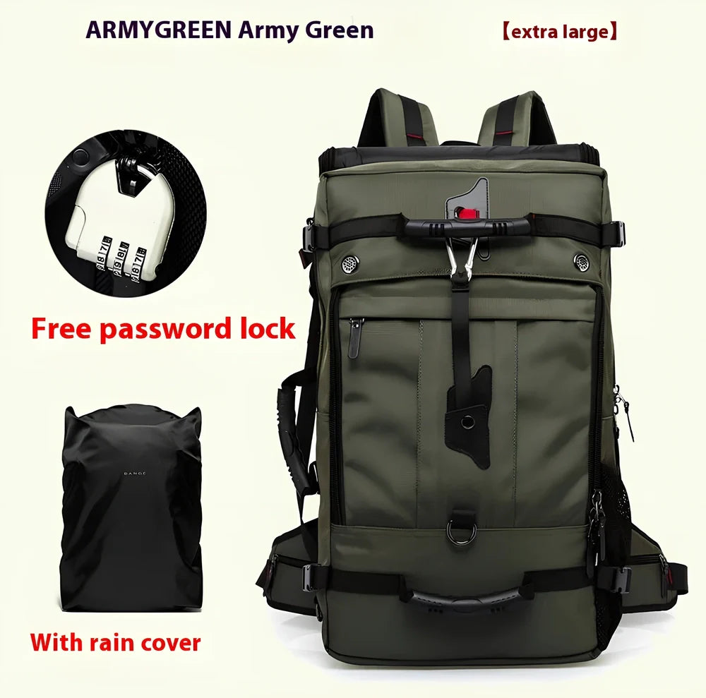 Multifunctional travel bag with multiple compartments in black, green, or blue colours showing 40L and 50L size options