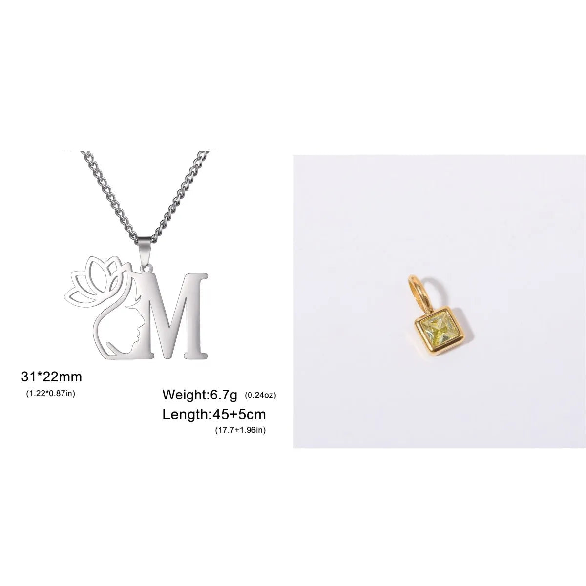 Stainless steel necklace with cross chain design and a pendant, available in gold or steel colour.