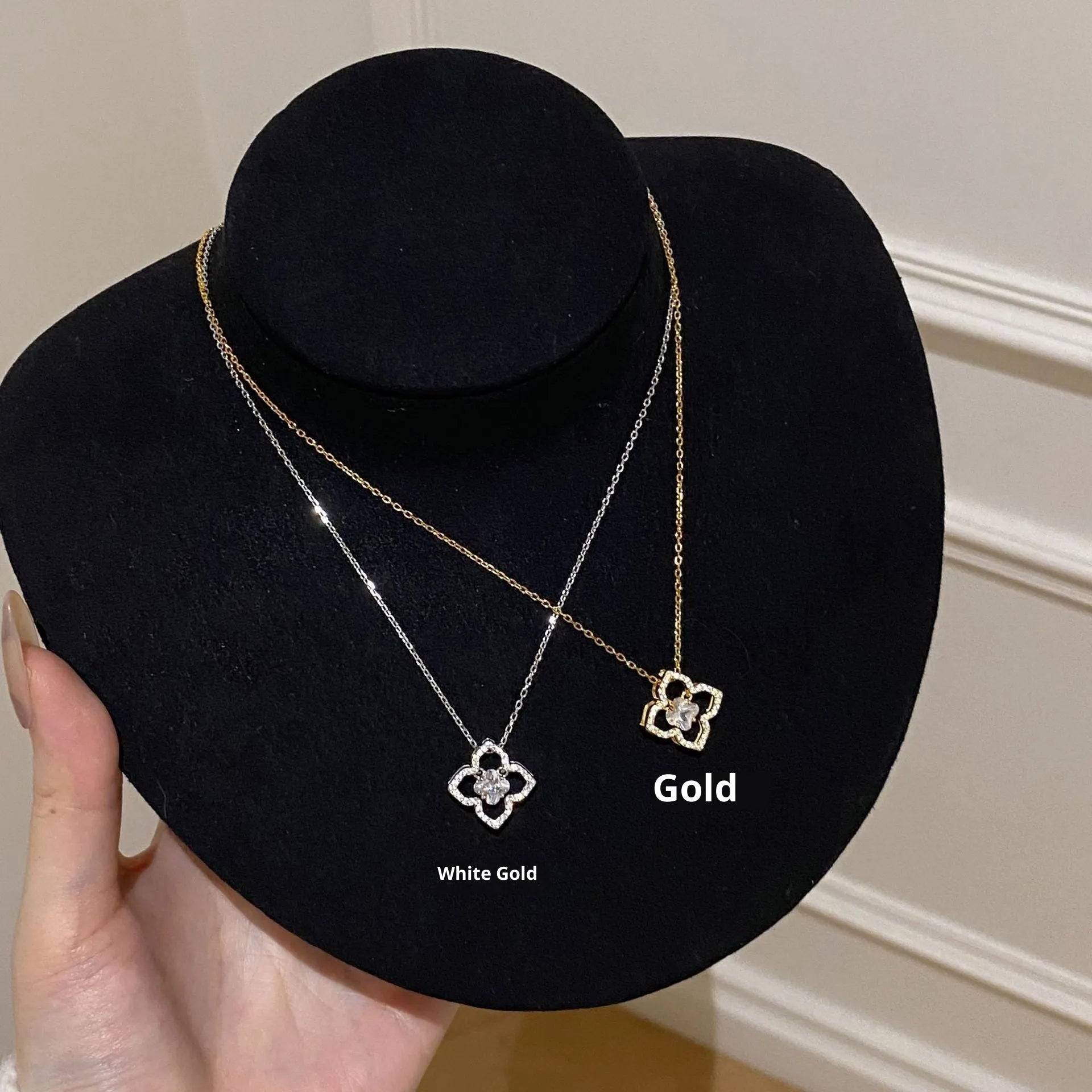 925 silver curb chain collarbone necklace with floral geometric zirconium pendant in platinum colour