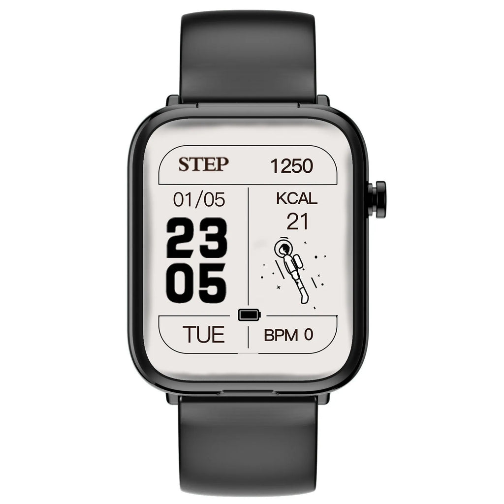 Black zinc alloy smartwatch with 1.69-inch touch screen and integrated wireless Bluetooth earpieces in charging case.