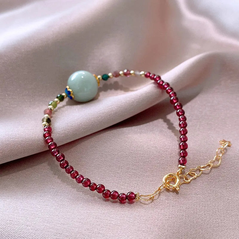 Aquamarine Chinese style women's bracelet with garnet beads and electroplated finish