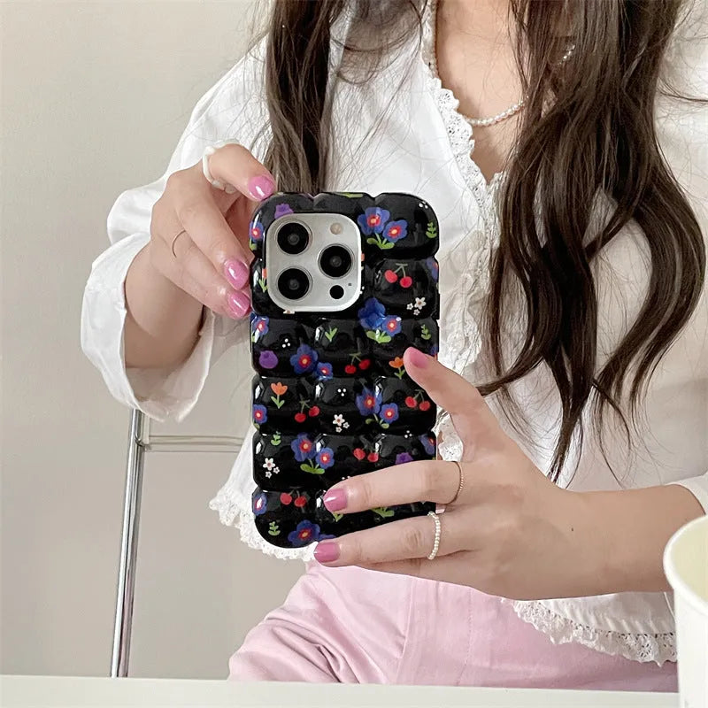Retro cherry floral plaid TPU anti-fall phone case for iPhone with black background