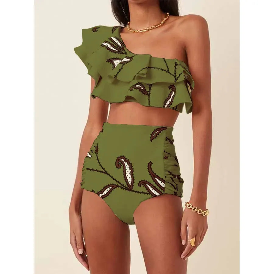 Women's printed high waist bikini suit with shoulder ruffles in a floral pattern.