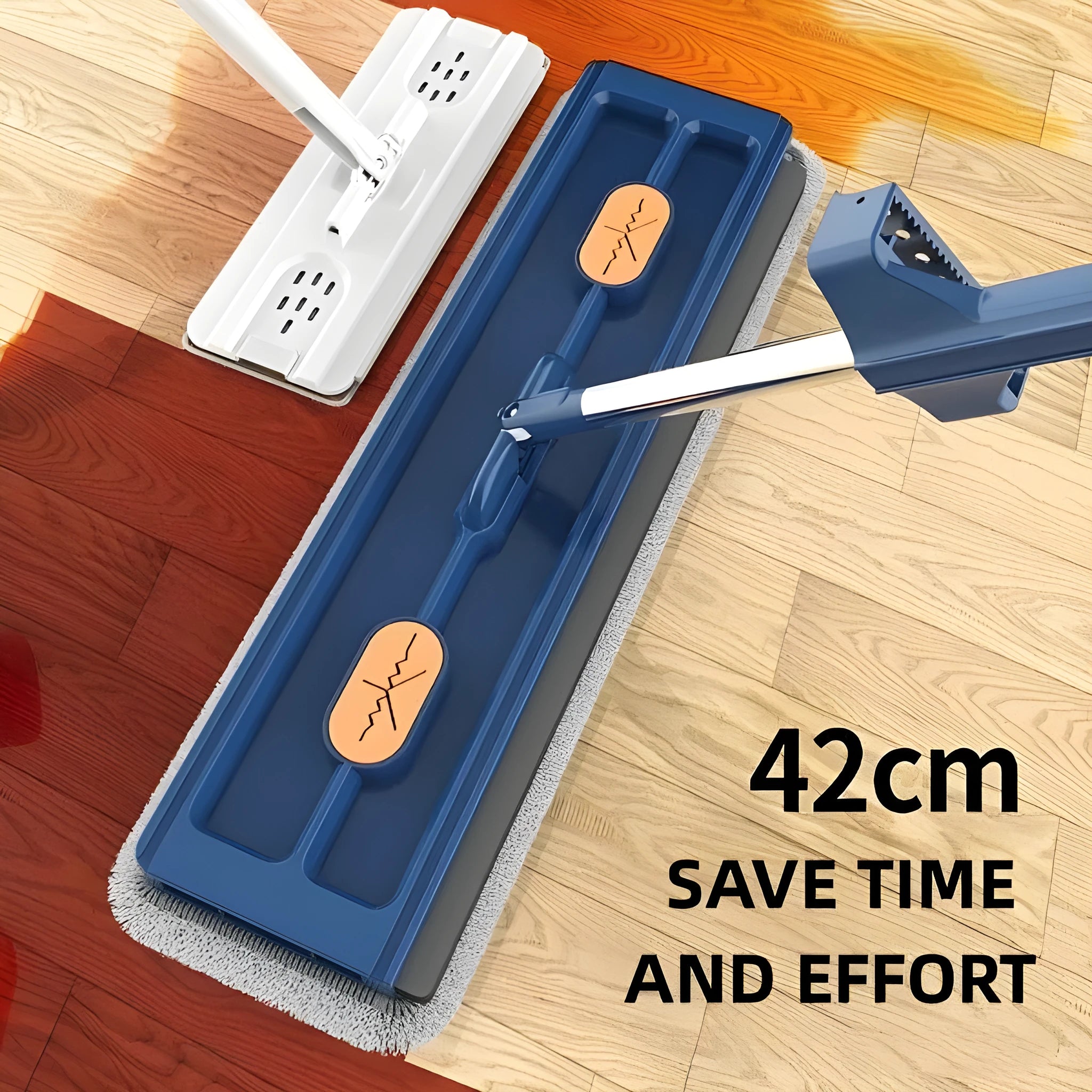 Large flat mop with long stainless steel handle, blue rotating head, and integrated scraper on a hardwood floor.