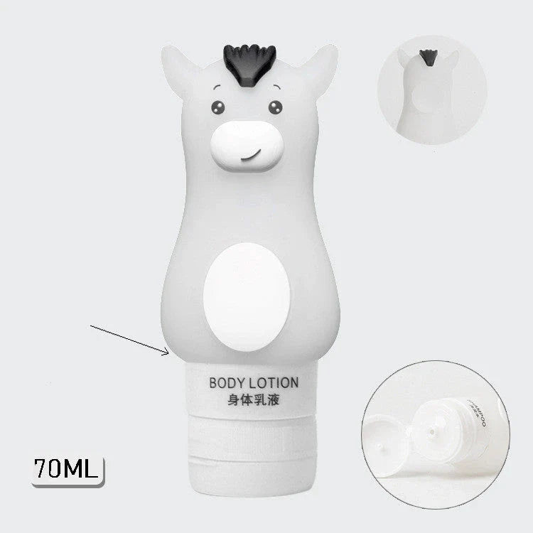 Portable travel bottles in various animal-themed designs for storing toiletries and liquids