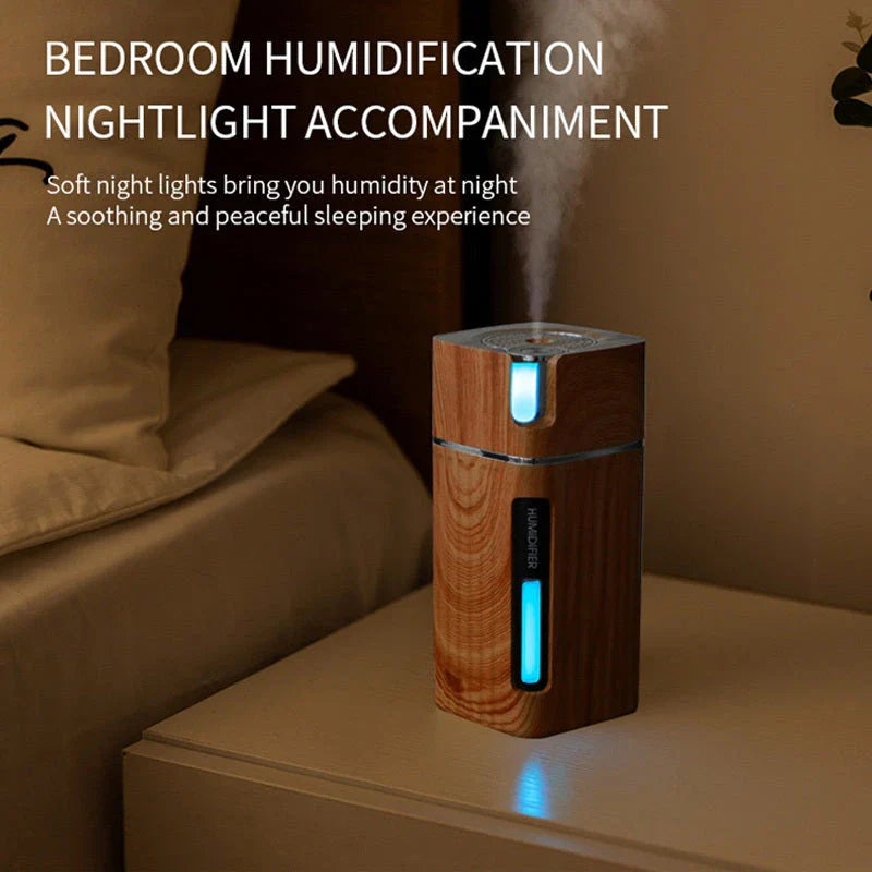 Versatile wood grain ultrasonic humidifier with aroma diffuser, LED light, and compact design