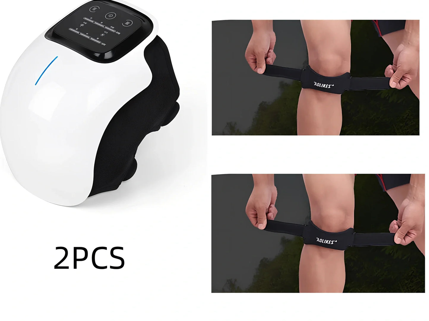 Smart knee massager with adjustable straps and LED display showing intensity levels