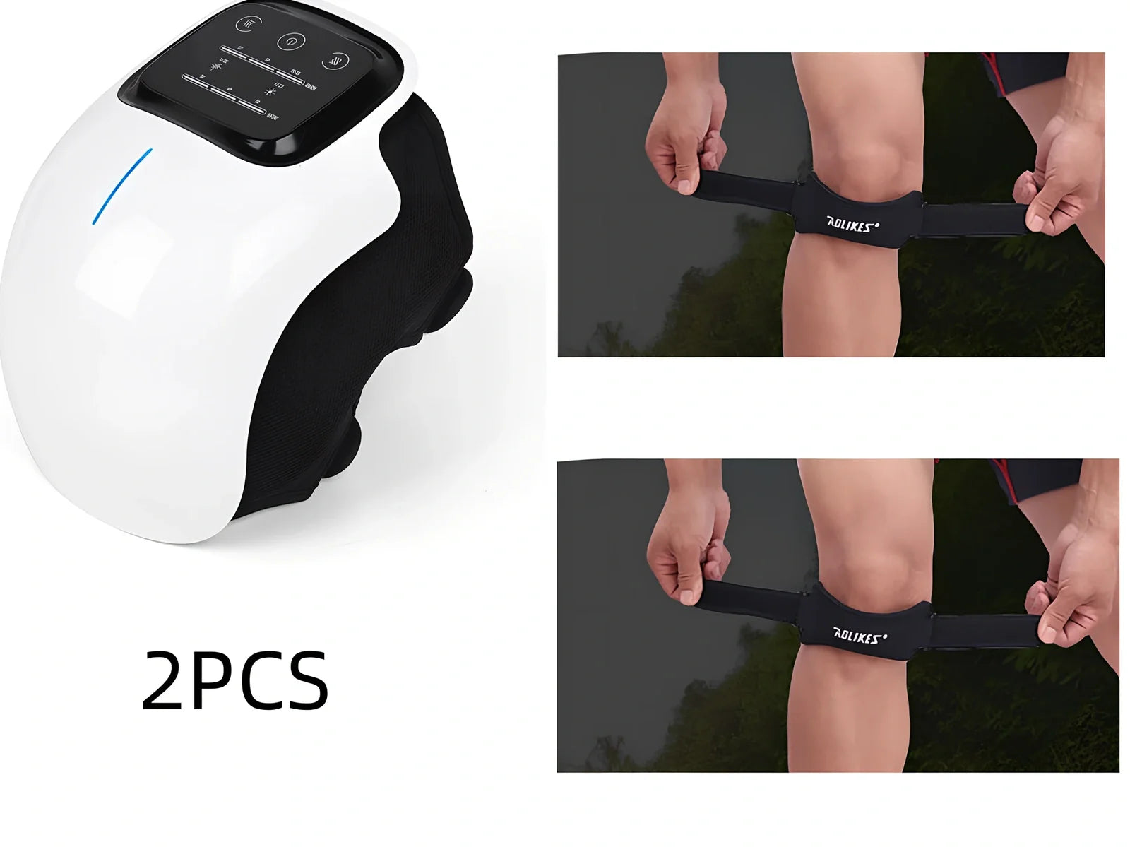 Smart knee massager with adjustable straps and LED display showing intensity levels