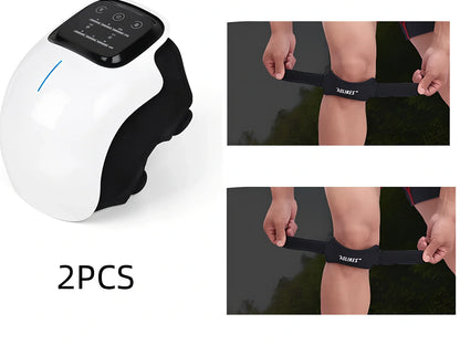 Smart knee massager with adjustable straps and LED display showing intensity levels