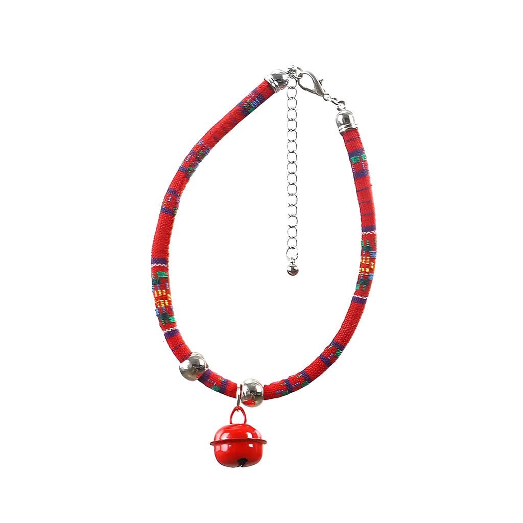 Ethnic pattern adjustable pet collar with bell attachment shown in multiple colour options