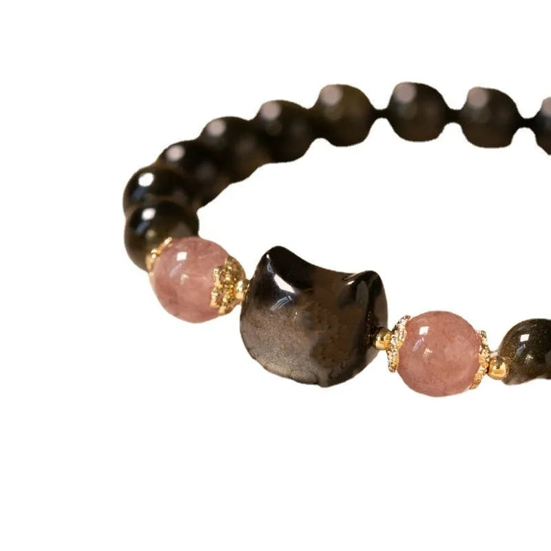 Natural black obsidian 8mm bracelet with kitty accessories and adjustable sliding knot