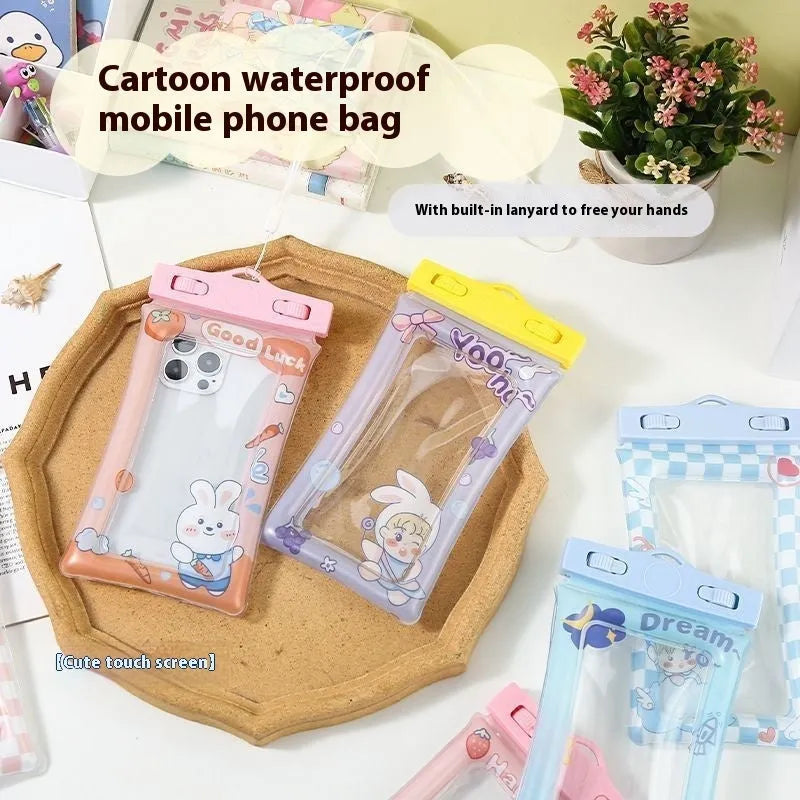 PVC waterproof phone bag with touch screen, 21x11.5cm, airbag cushioning, and gift lanyard in cartoon pattern styles
