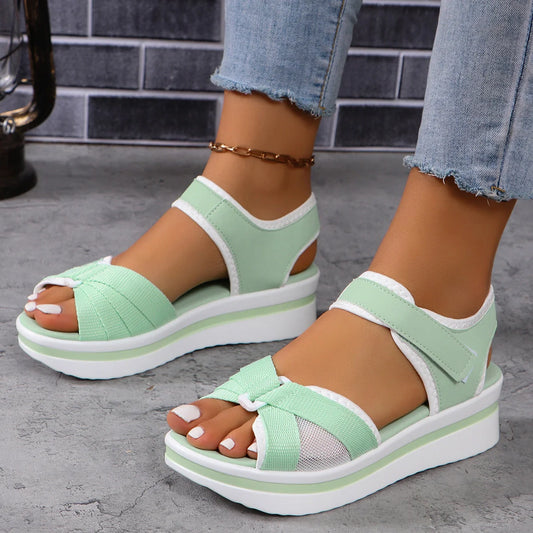 Women's summer mesh cross-strap sandals with Velcro design and thick sole in various colours
