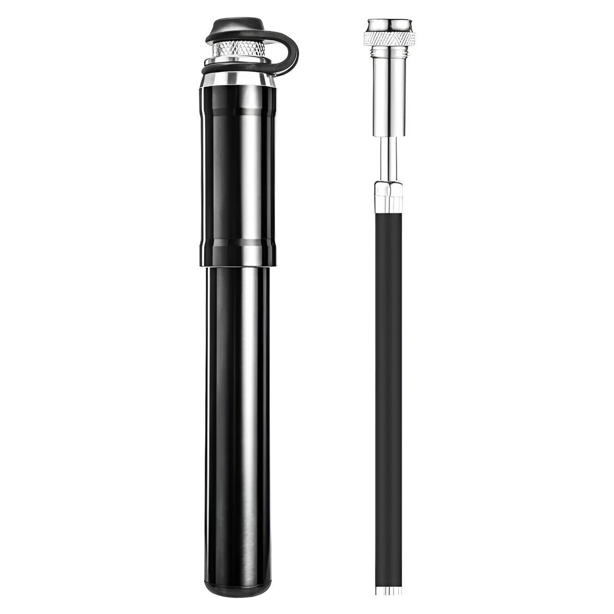 Portable mini high pressure bicycle pump in black with pressure gauge and hose
