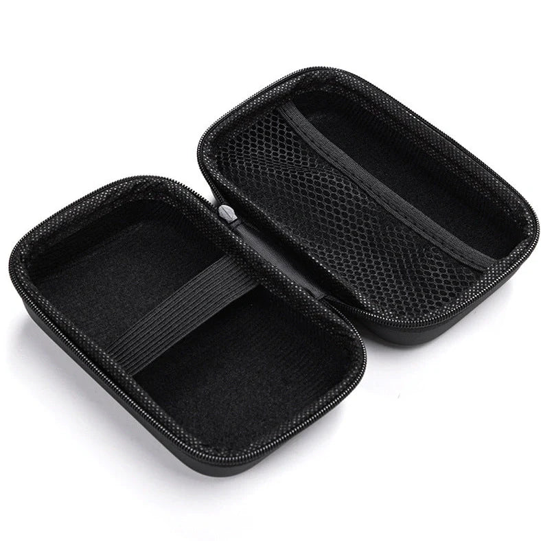 Black composite material storage box measuring 13.5x9x5cm for earphone and cable organisation