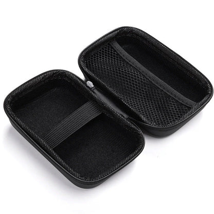 Black composite material storage box measuring 13.5x9x5cm for earphone and cable organisation