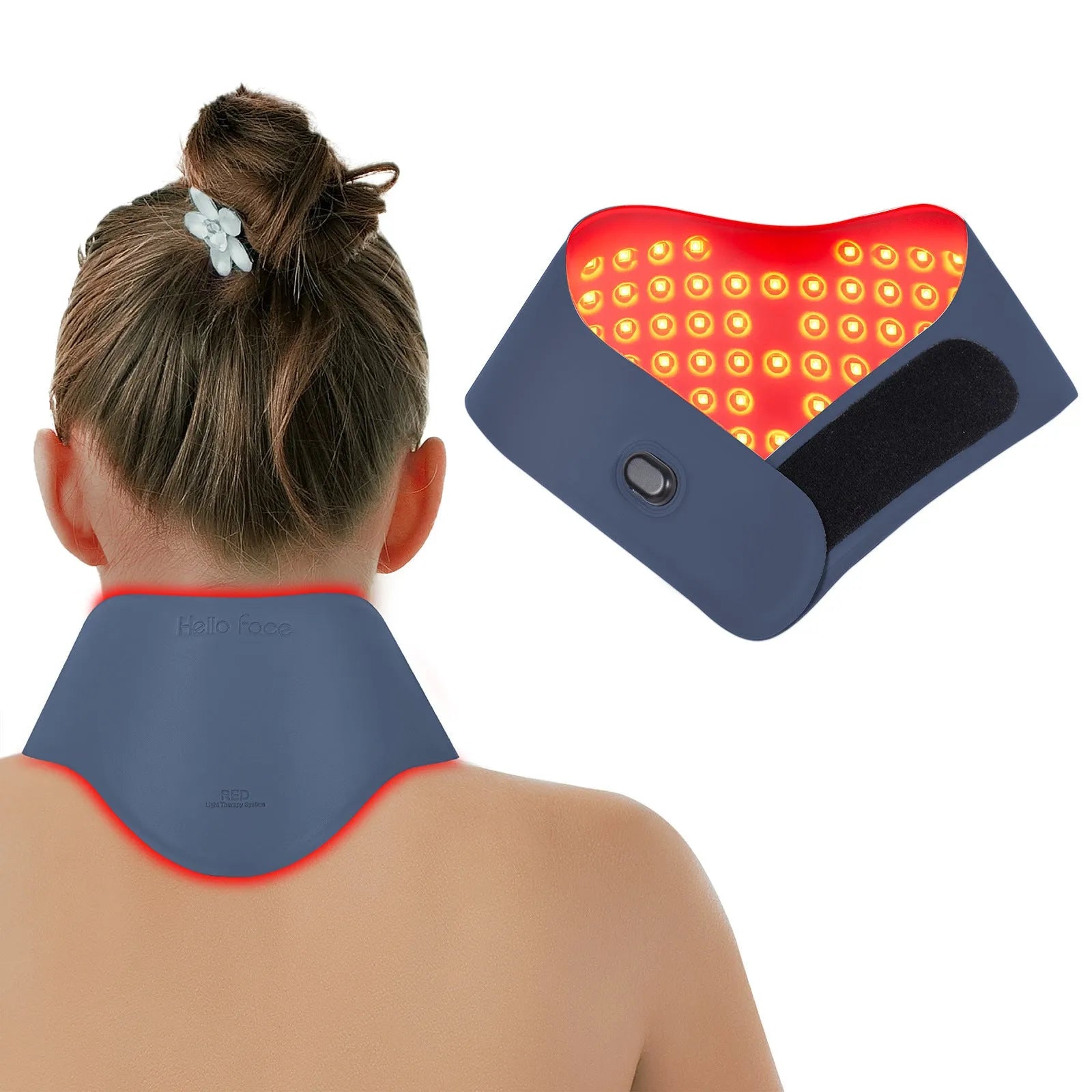 Red light hot compress neck mask with pulse physiotherapy functions in dark sky blue colour