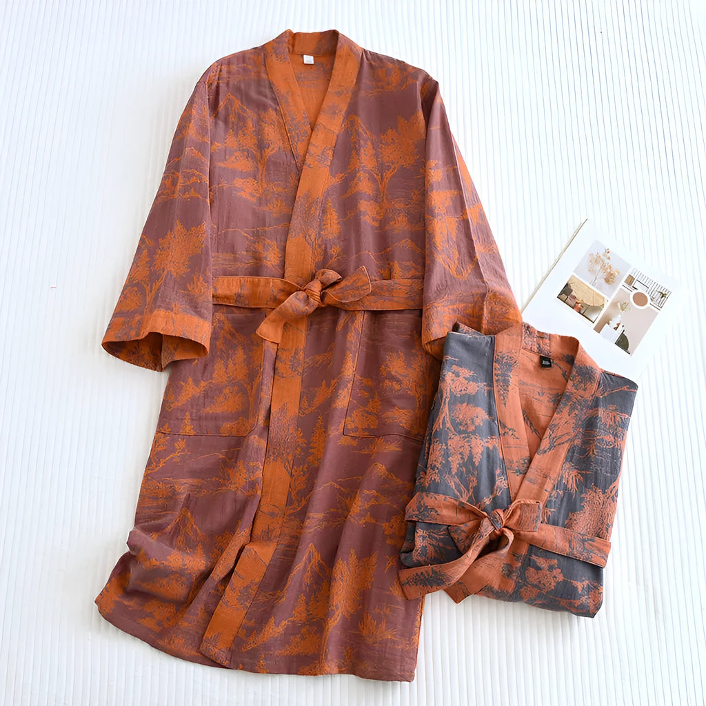 Couple cotton loose bathrobe set with lace jacquard medieval pattern in purple and blue
