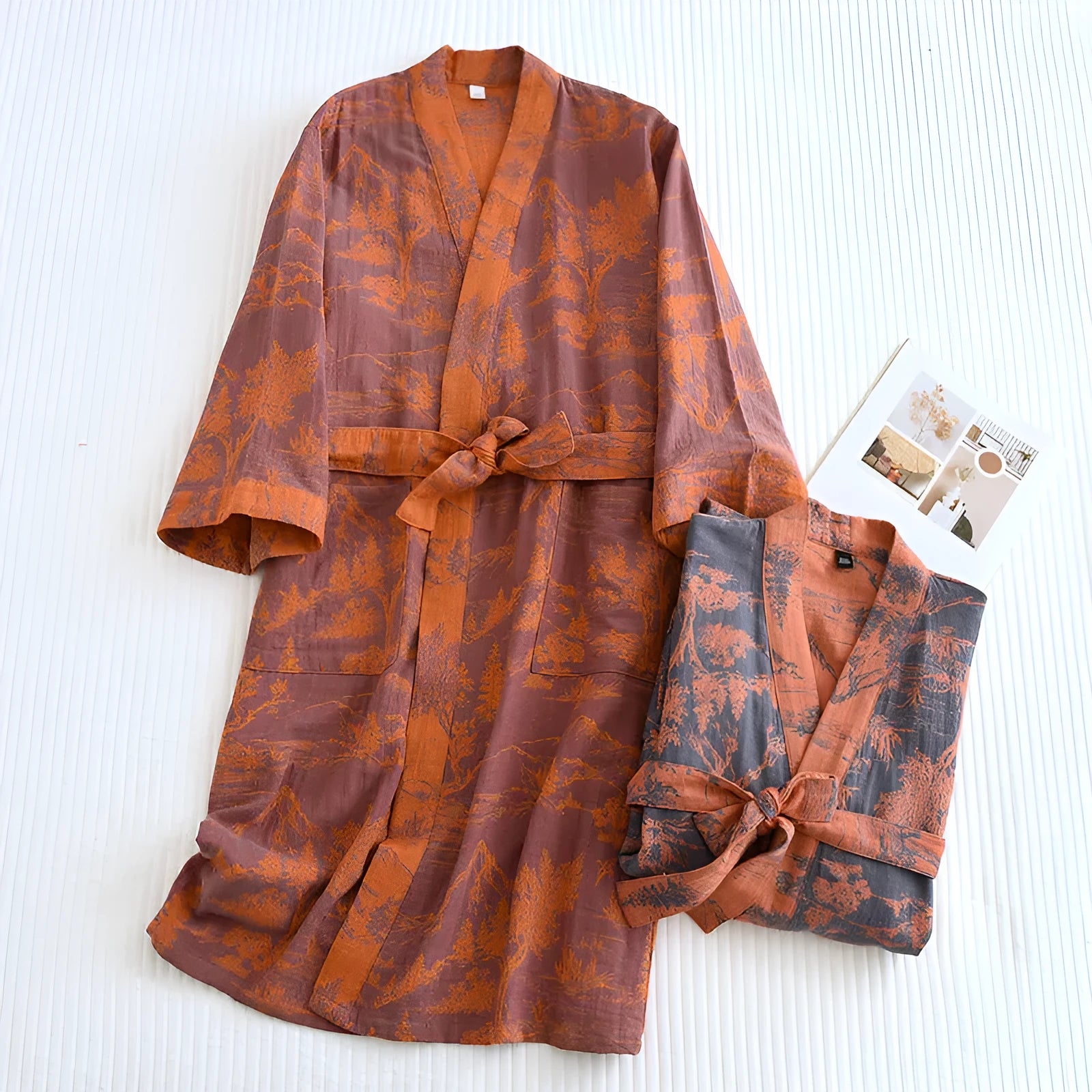 Couple cotton loose bathrobe set with lace jacquard medieval pattern in purple and blue