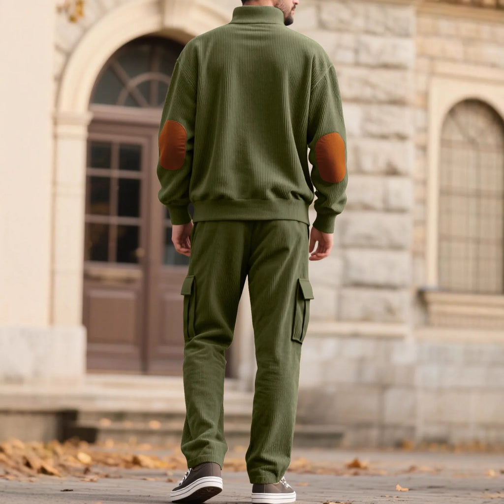 Corduroy sweatshirt and sweatpants set in army green, stand collar pullover style, front view showing long sleeves and full-length trousers