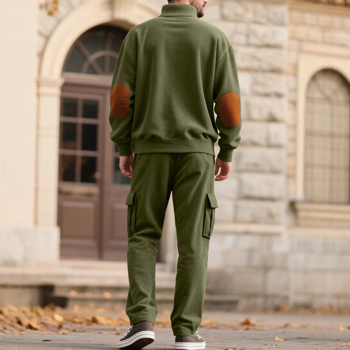Corduroy sweatshirt and sweatpants set in army green, stand collar pullover style, front view showing long sleeves and full-length trousers