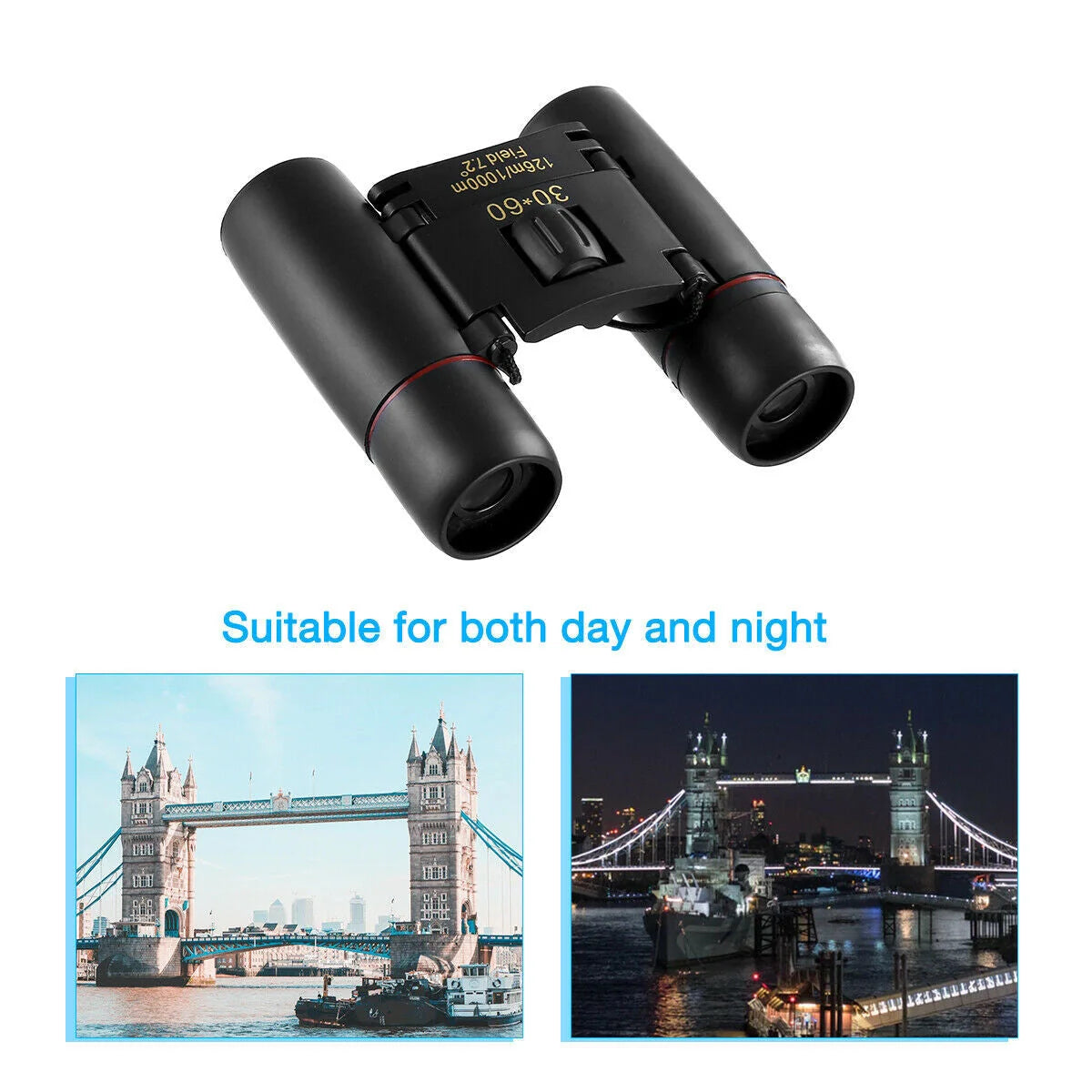 Compact 30x60 zoom binoculars with carry bag, ideal for outdoor adventures and events.