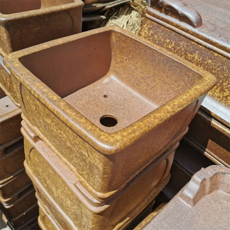 Set of two brown square purple sand bonsai pots with Chinese style design