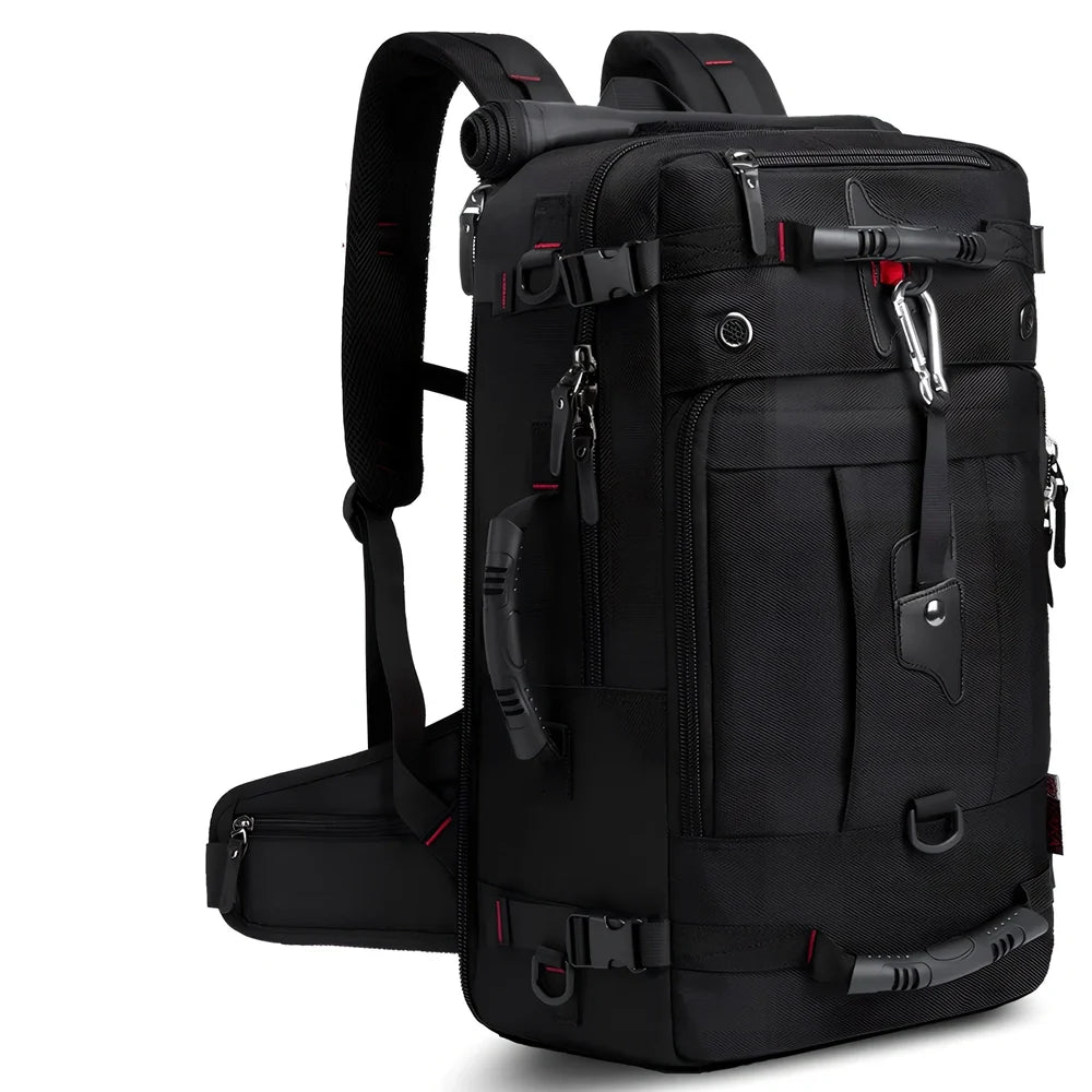 Multifunctional travel bag with multiple compartments in black, green, or blue colours showing 40L and 50L size options