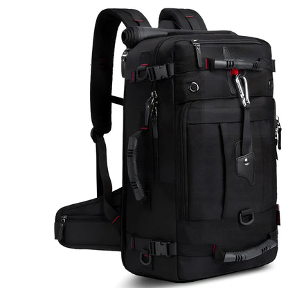 Multifunctional travel bag with multiple compartments in black, green, or blue colours showing 40L and 50L size options