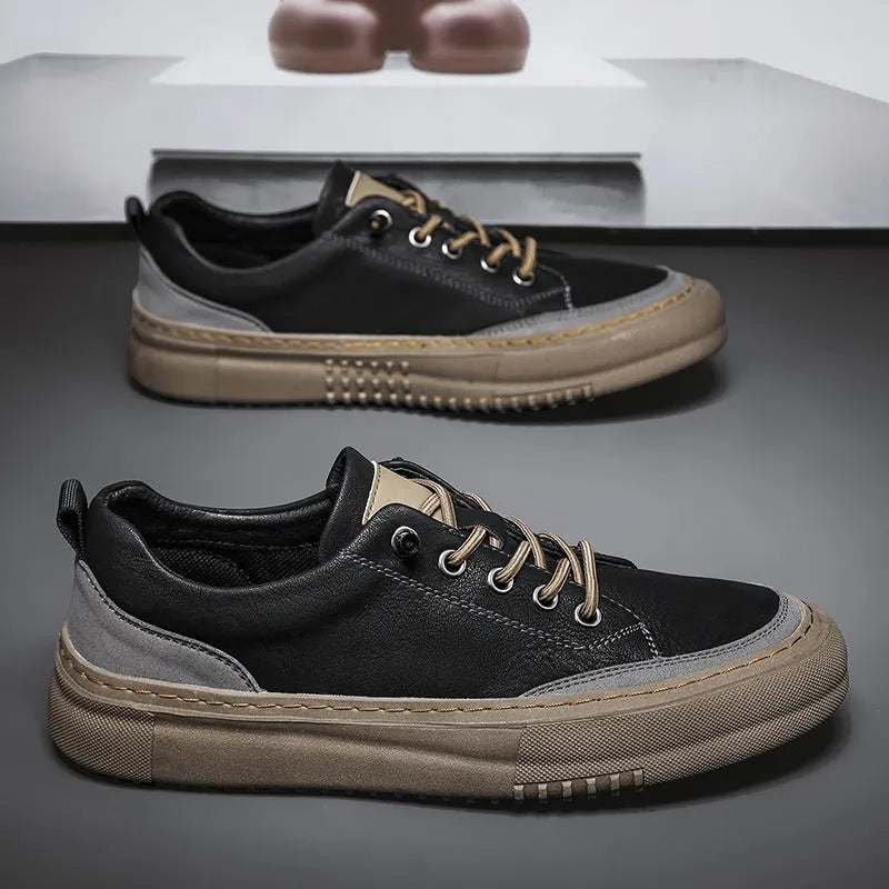 British men's round toe leather shoes in black with lace-up front and rubber sole