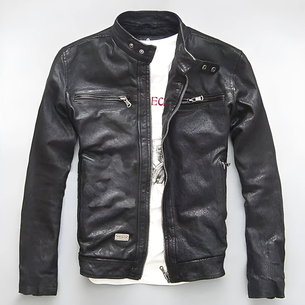 Men's genuine leather slim-fit motorcycle jacket in black cowhide, zipper closure, front view