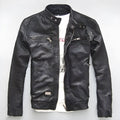 Men's genuine leather slim-fit motorcycle jacket in black cowhide, zipper closure, front view