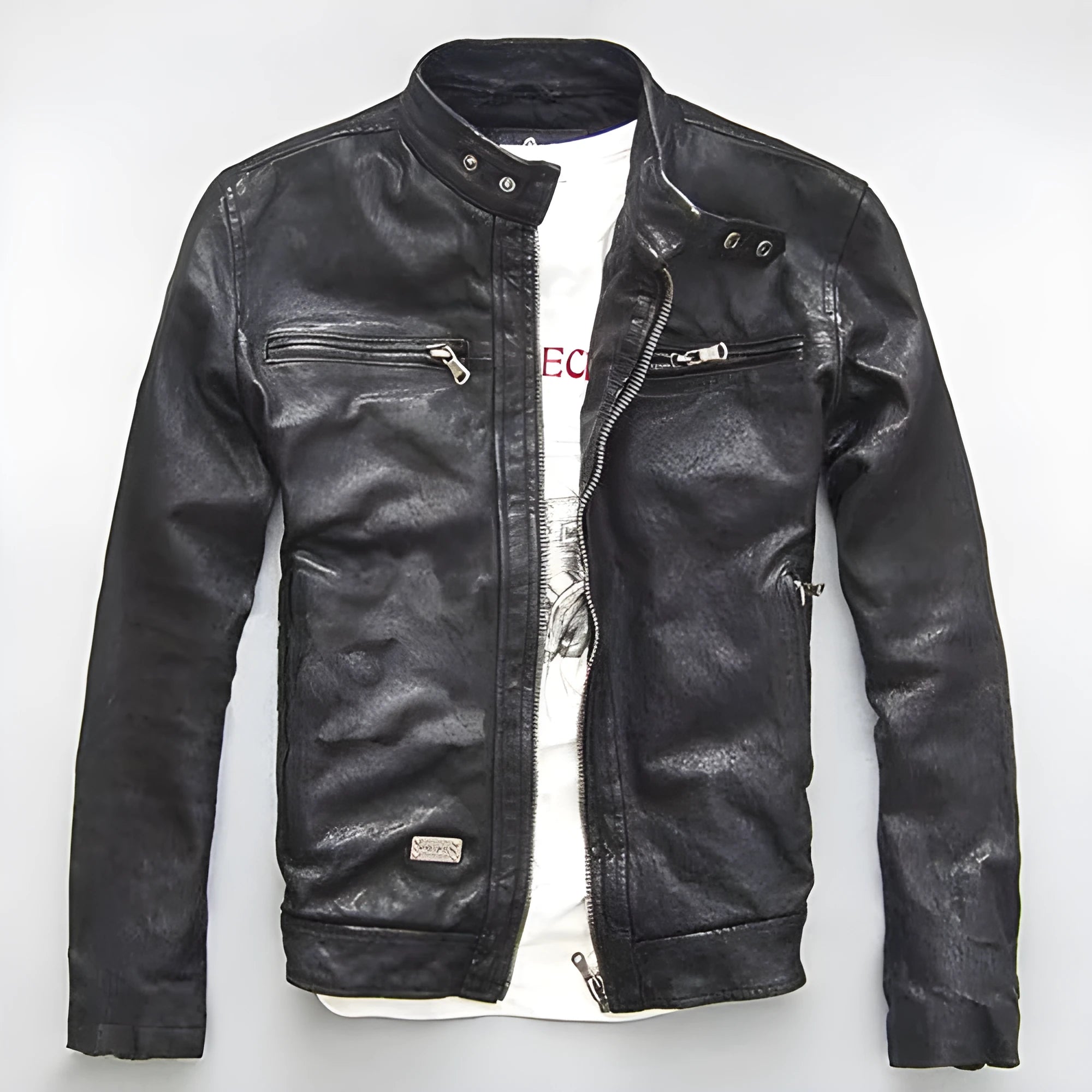 Men's genuine leather slim-fit motorcycle jacket in black cowhide, zipper closure, front view