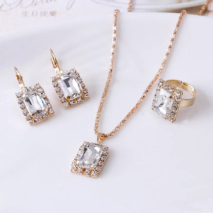 Elegant three-piece alloy jewellery set with diamond treatment in seven colours