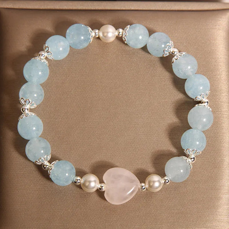 Natural aquamarine crystal bracelet for women with pink crystal and shell pearls, light luxury Japanese Korean style