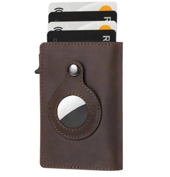 Slim leather wallet with built-in AirTag pocket for men, featuring RFID protection and a minimalist design