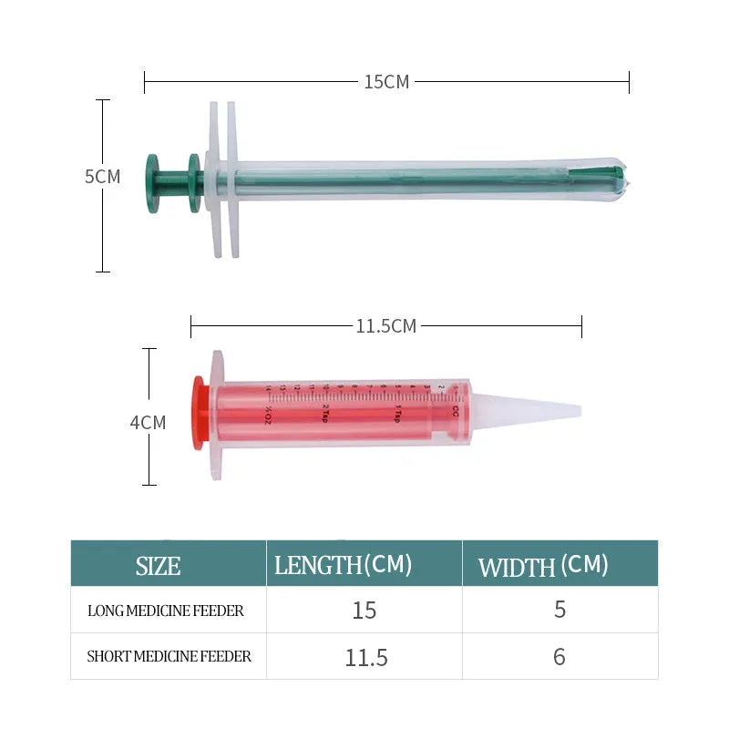 Two pet pill shooters with soft silicone tips in different sizes for administering tablets to cats and dogs