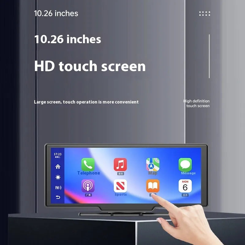 10-inch car touchscreen displaying navigation with front and rear camera views