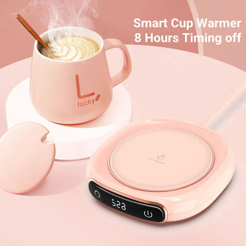 USB-powered white coffee mug warmer with ABS base and metal heating plate on wooden desk
