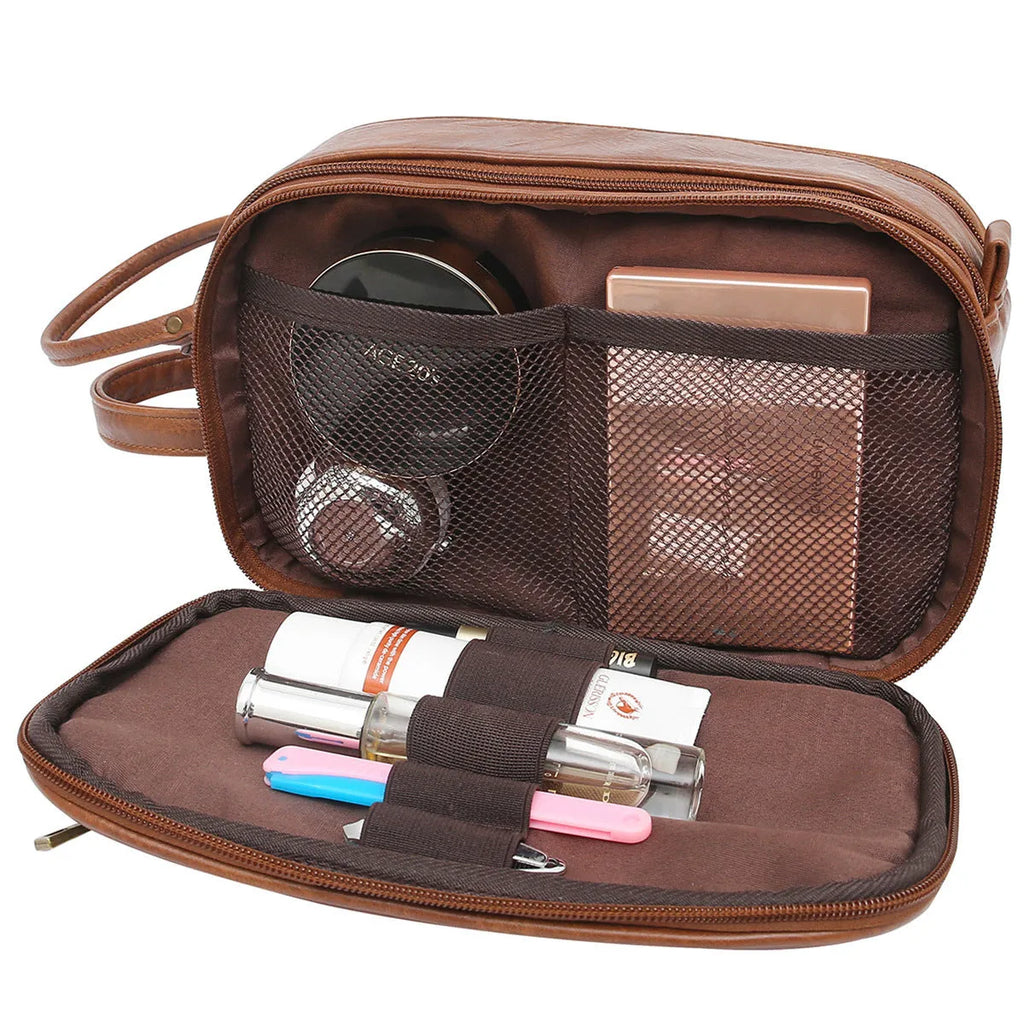 Men's black and brown Pu toiletry bag for travel cosmetic storage.